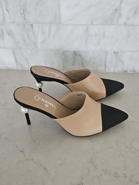 Chanel Two-Tone Pearl Heel Mules in Beige and Black